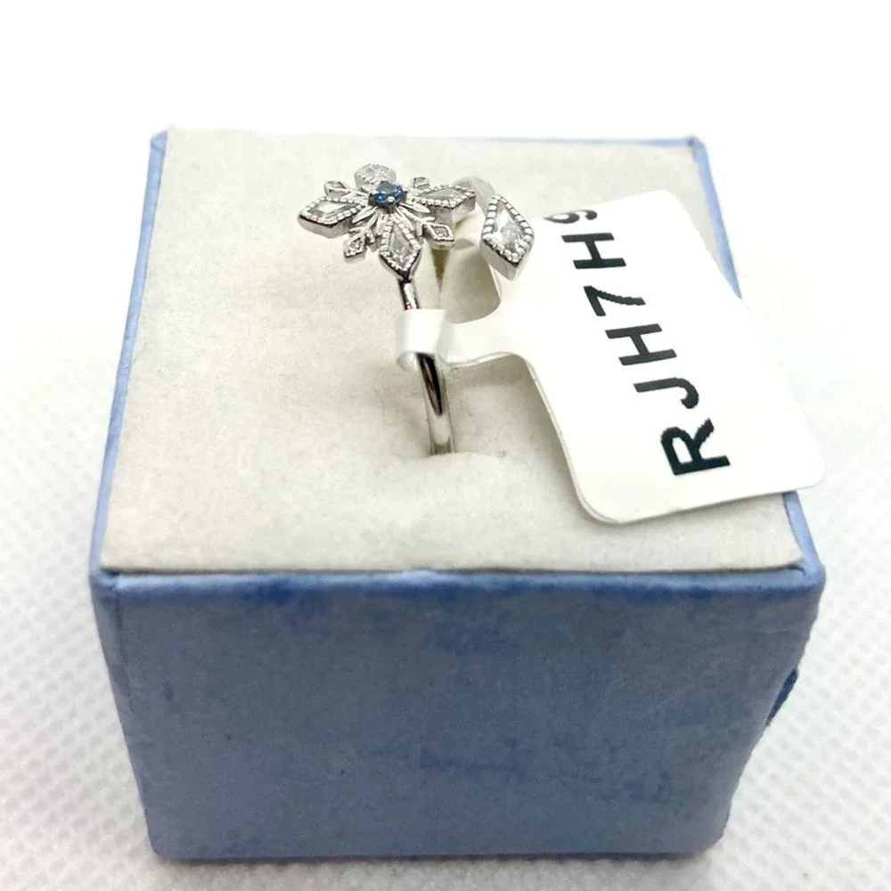 Elegant 925 NWT Sterling Silver Snowflake Ring with Blue Gem - Adjustable Size